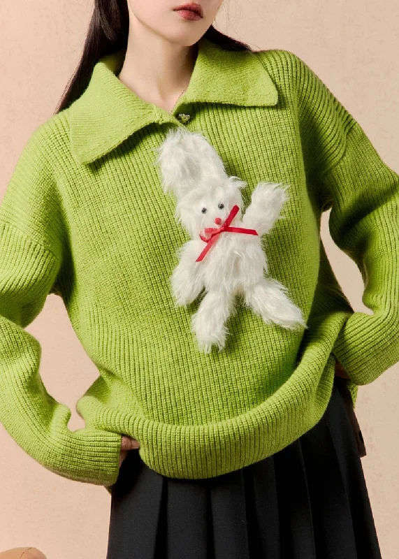 Comfortable Fitwear Women Green Peter Pan Collar Patchwork Knit Sweaters Winter