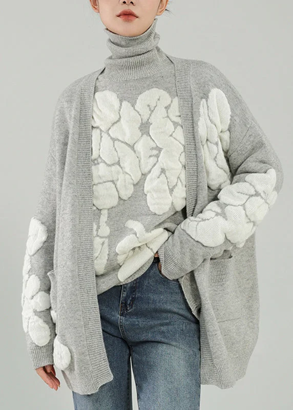 Fresh And Fashionable Casual Grey V Neck Floral Wool Knit Cardigans Winter