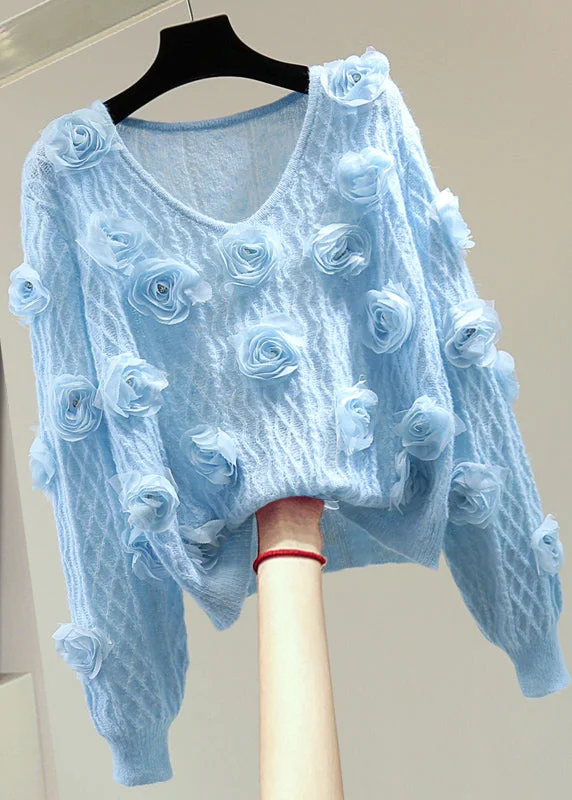 Easy Chic Wear French Blue O-Neck Floral Zircon Cotton Knit Sweater