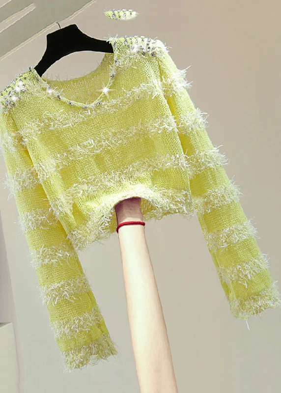 Soft Textures French Green V Neck Nail Bead Tassel Cotton Knit Sweaters Winter