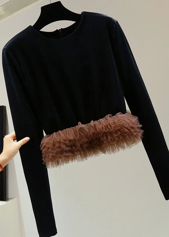 Boutique Recommendation Modern Coffee O-Neck Tulle Patchwork Silk Velvet Sweater Winter
