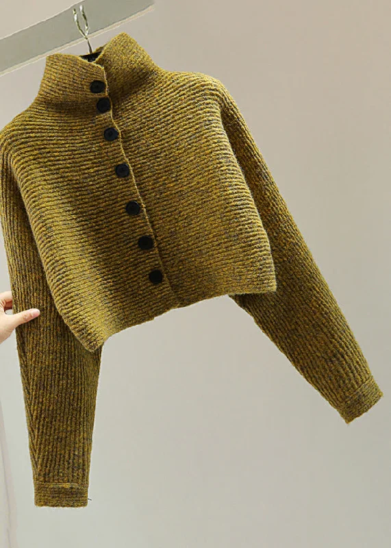 Urban Design Sense Italian Yellow Turtleneck Button Cotton Knitted Sweater Batwing Sleeve