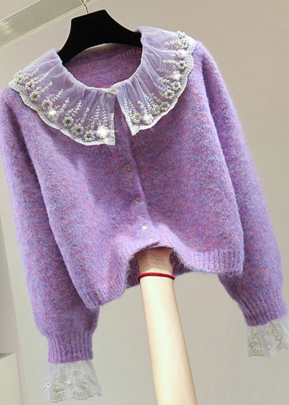 Sports And Leisure Art Purple Embroidered Patchwork Zircon Thick Cotton Knit Sweater