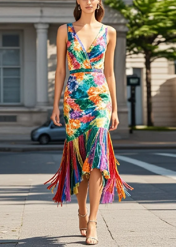 Age-reducing Style Fitted Multicolour Print Tasseled Knit Dresses Summer
