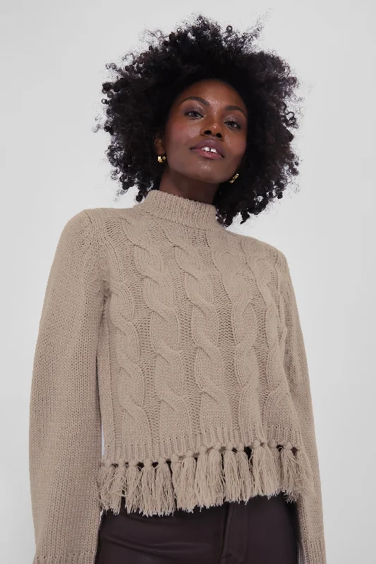 Relaxed Jackets Taupe Fringe Cable Knit Sweater