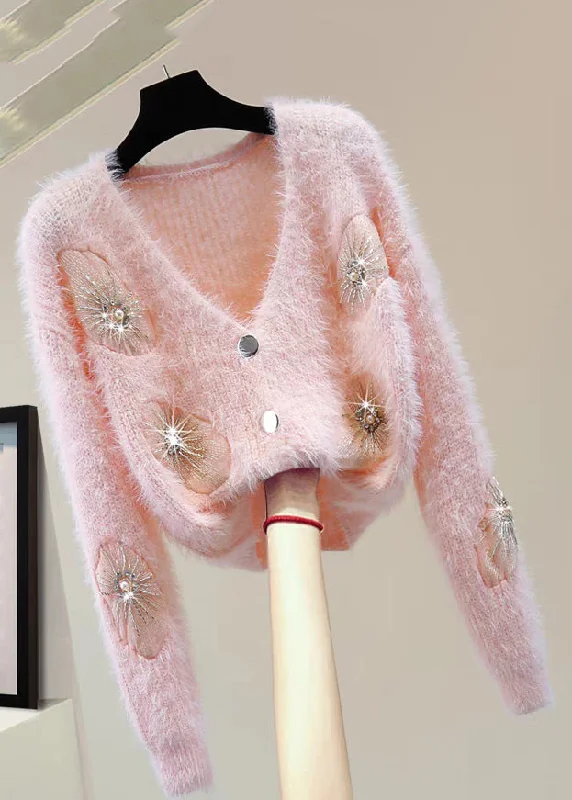 All-Day Wear Bohemian Pink V Neck Zircon Thick Mink Hair Knitted Sweater Winter