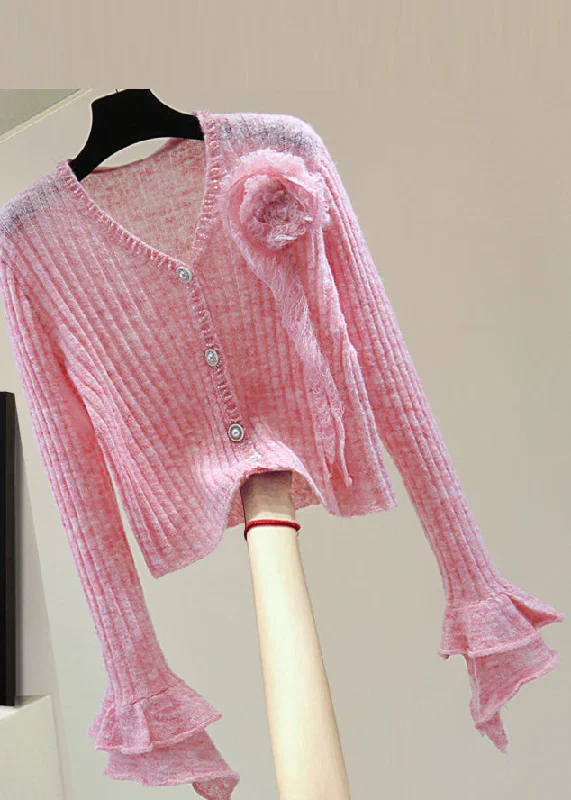 Cozy Outerwear Novelty Pink Ruffled Floral Nail Bead Cotton Knit Sweater Spring