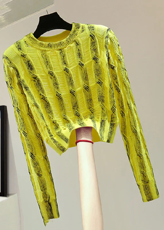 Comfortable Fashion Looks Handmade Yellow O-Neck Striped Patchwork Knit Sweater Spring