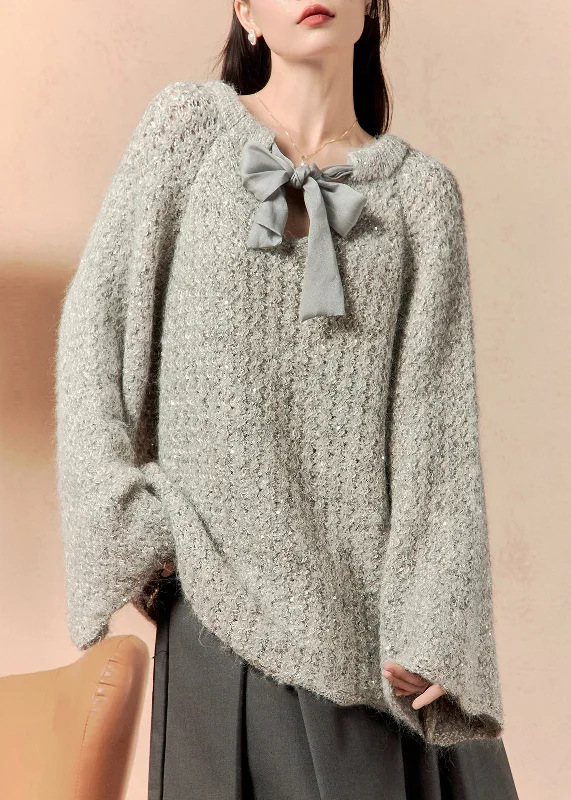 Cozy Outerwear Loose Grey Lace Up Solid Knit Sweaters Flare Sleeve