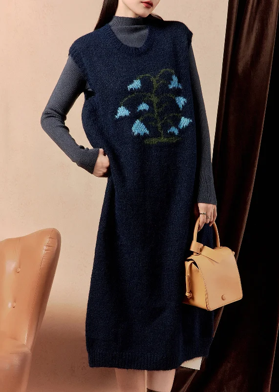 Party Wear Women Navy Embroidered Cozy Knit Dress Sleeveless