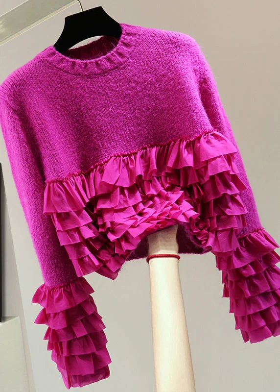 Lively And Youthful Boutique Rose Ruffled Patchwork Cotton Knitted Sweater Winter