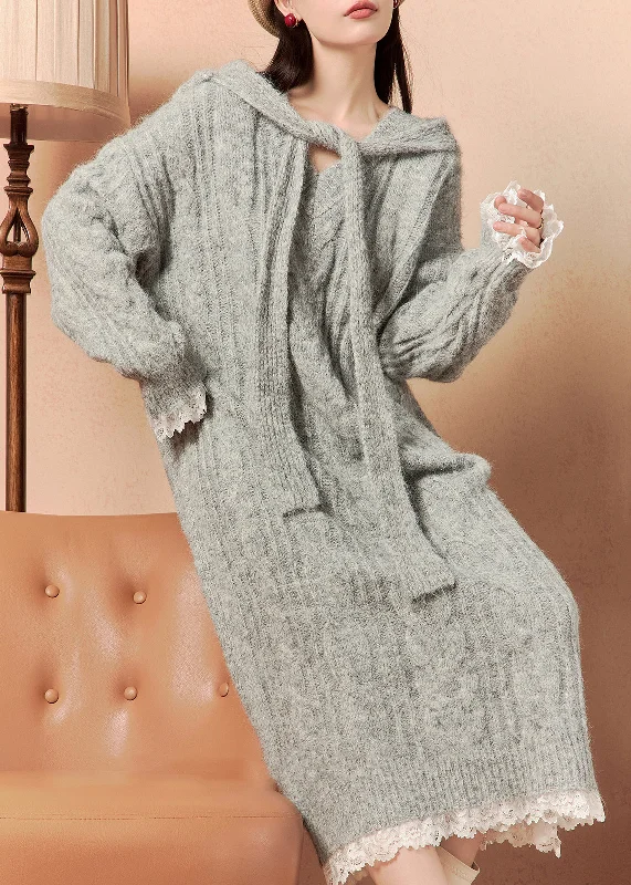 Effortless Wear Art Grey Hooded Lace Patchwork Knit Dress Winter