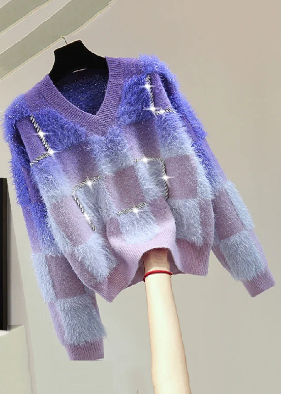 Customized Version Gradient Color Blue O-Neck Zircon Ma Hai Mao Cotton Knit Sweater Tops