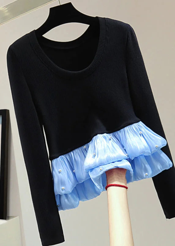 Modern Comfort Wear Chic Black Chiffon Patchwork Nail Bead Cotton Knit Top