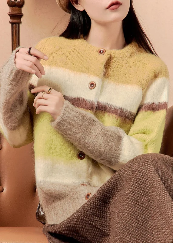 Comfortable Fashion Looks Chic Yellow Striped Button Patchwork Cotton Knit Sweaters Winter