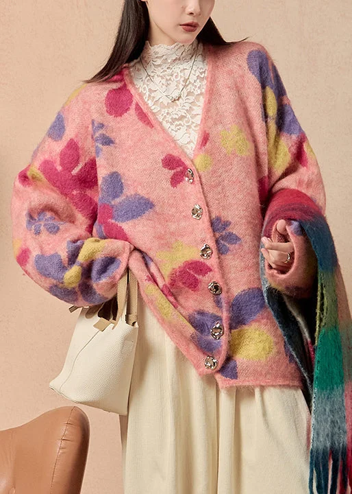 Elegant And Simple Stylish Pink V Neck Button Print Knit Cardigans Winter