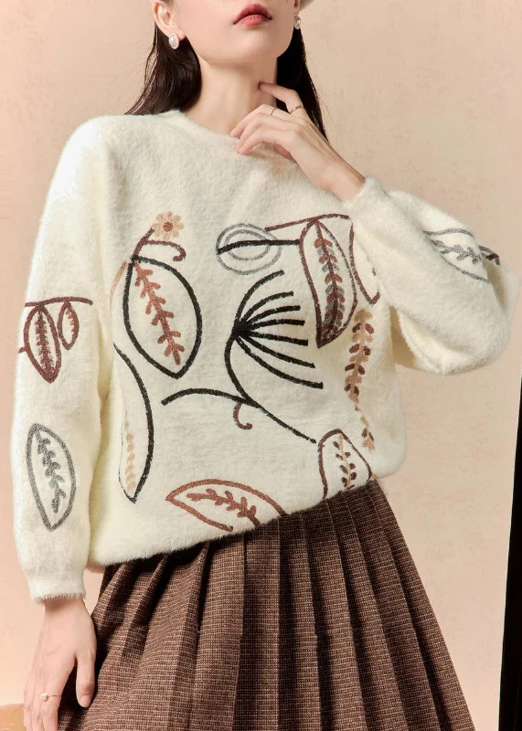 Cozy Shirts Women White O Neck Embroidered Cotton Knit Sweater Winter