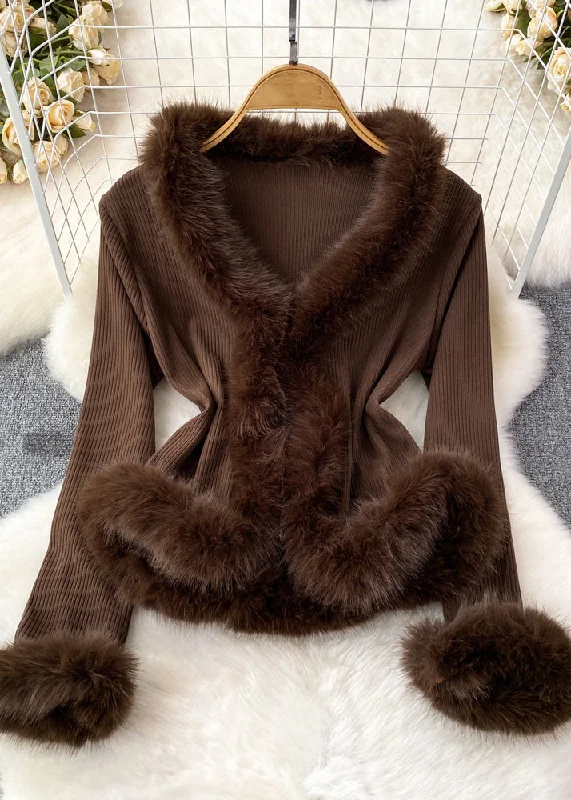 Effortless Elegance Elegant Brown Fur Collar Patchwork Cotton Knit Sweater Flare Sleeve