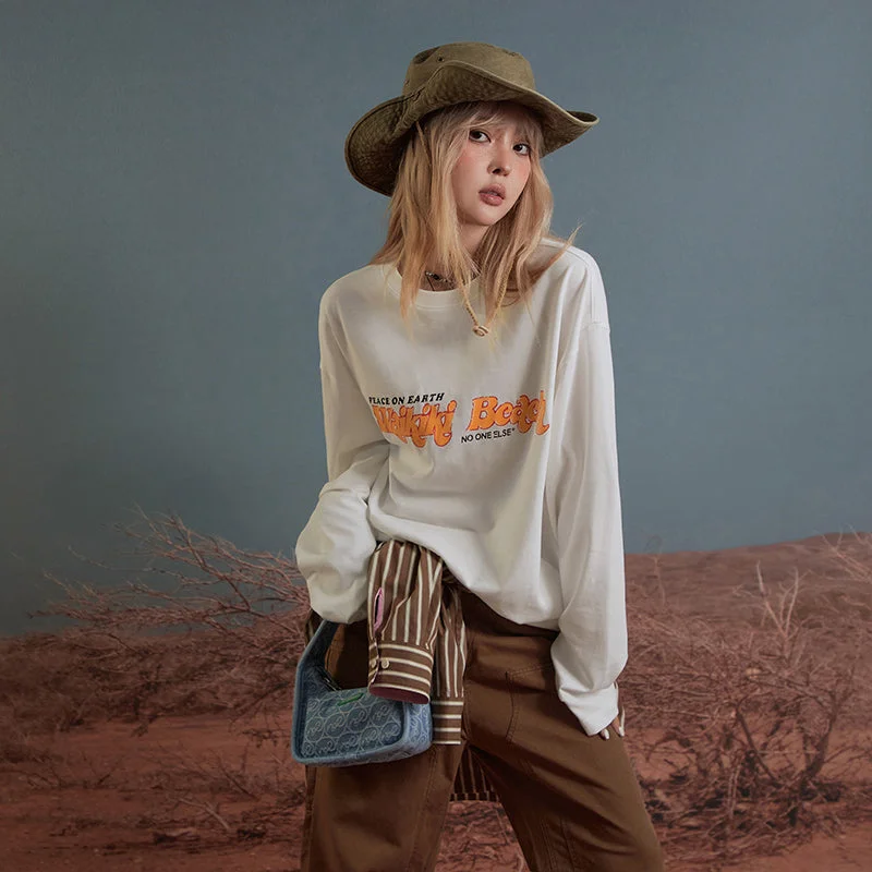 Fashion Style Peace On Earth Hawaii Beach Print Loose Fit Sweater