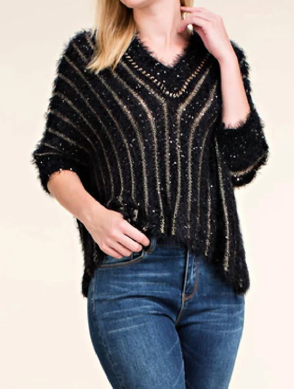Minimal Style Threaded Stripe Crop Sweater In Black And Gold