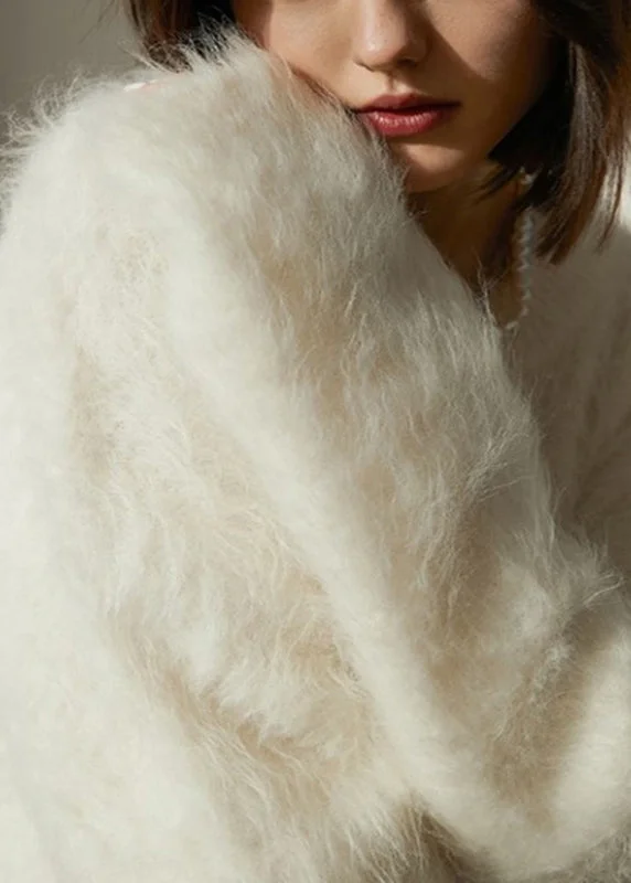 Leisure Sports Natural White O-Neck Cozy Woolen Knit Sweaters Winter