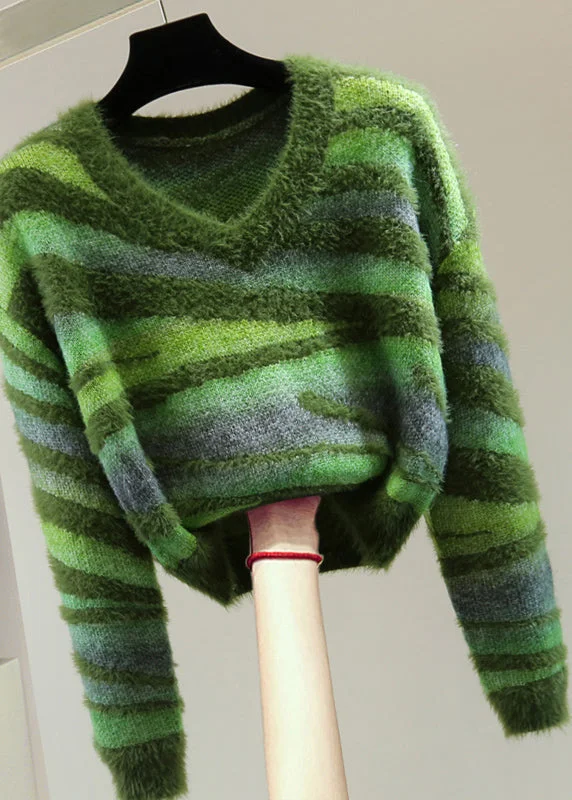 Comfy Chic Chic Green V Neck Thick Striped Cotton Knit Sweater Winter