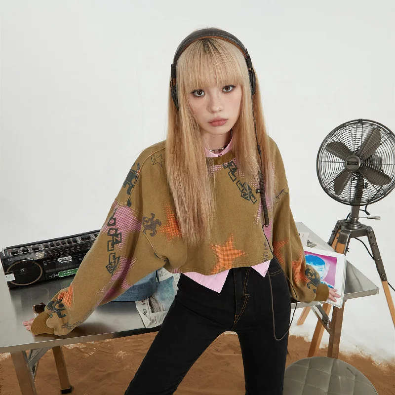 Mid-length Style Star Print Loose Fit Crop Sweater
