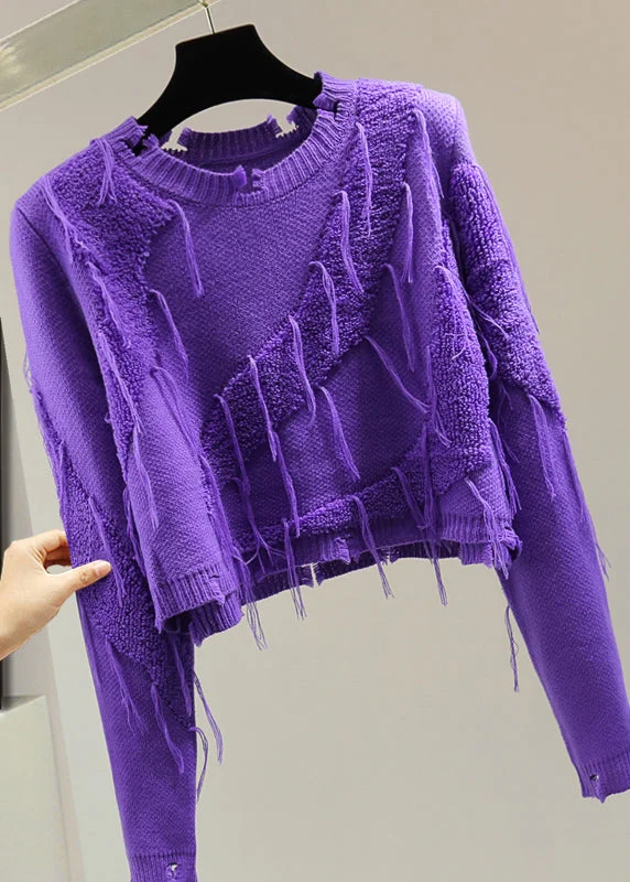 Fashion Style Casual Purple O-Neck Ripped Tassel Cotton Knit Sweater
