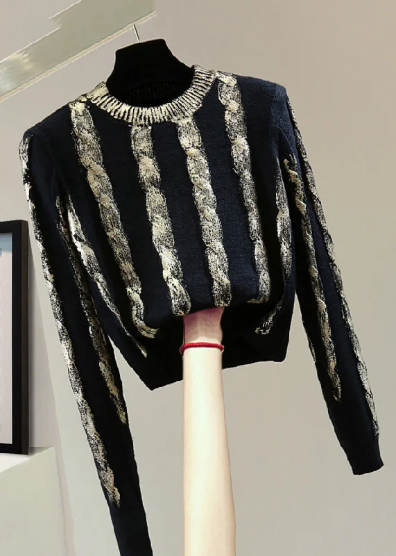Comfortable Outfits French Black O-Neck Cozy Cotton Knit Sweaters Winter