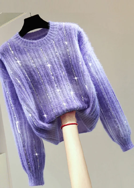 Sporty Elegance Modern Purple O-Neck Sequins Cotton Knit Sweater