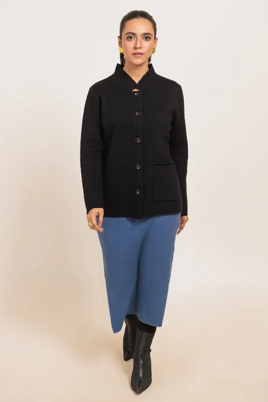 Laid-Back Essentials BLACK-ROUND NECK FULL SLEEVES CARDIGAN SWEATER (24X-059-66)