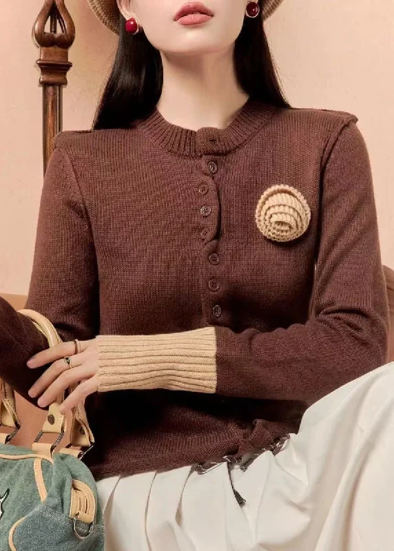 Playful Style Slim Fit Brown Button Patchwork Knit Sweaters Winter