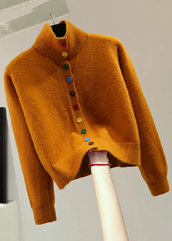 Personalized Wear Stylish Orange Stand Collar Patchwork Cotton Knit Sweaters Winter