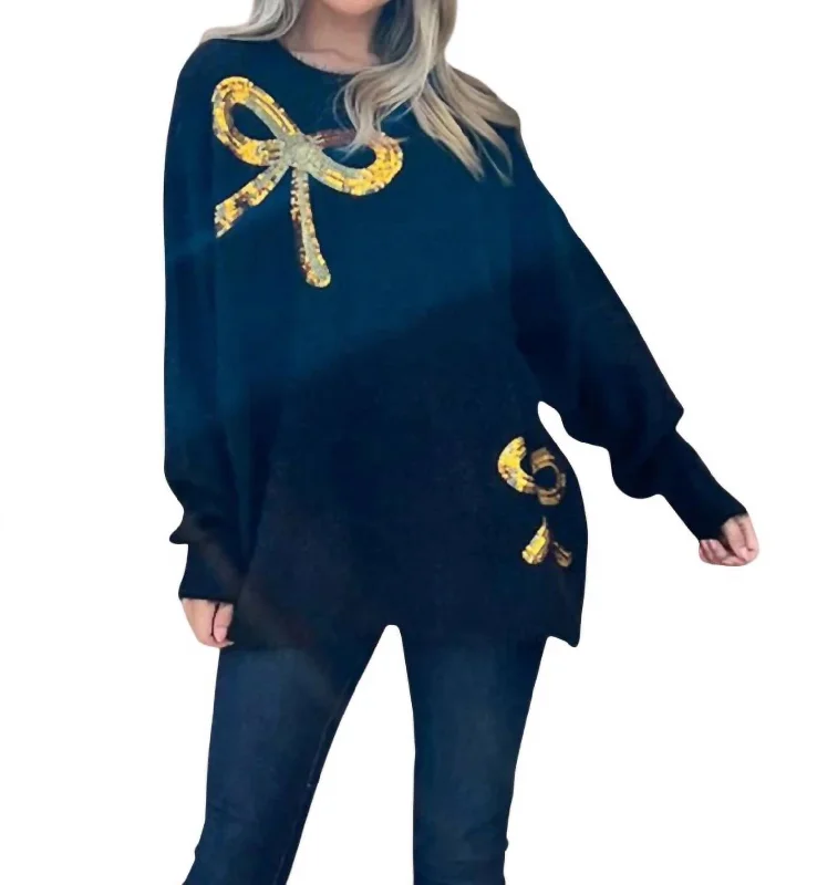 Relaxed Fit Wear Sequin Bow Fuzzy Pullover Sweater In Navy