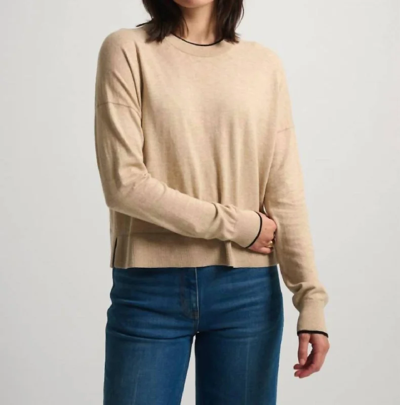 Light Layers Silk Rib Trim Sweater In Crema/black