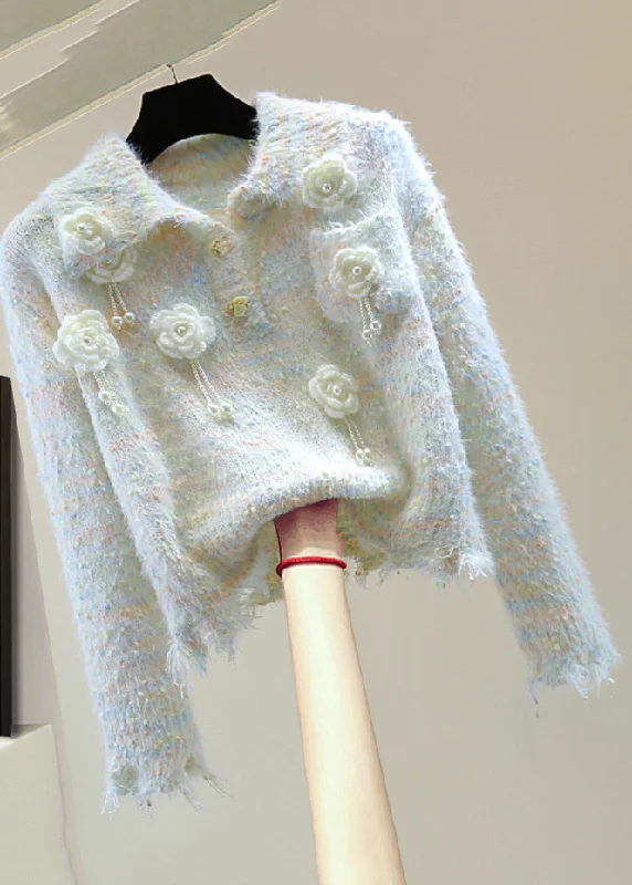 Casual Fit Wear Beautiful Light Blue Peter Pan Collar Floral Tassel Thick Cotton Knitted Sweater Winter