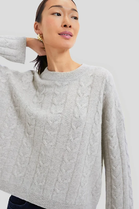 British Style Gray Cashmere Eloise Cable Knit Boyfriend Crewneck