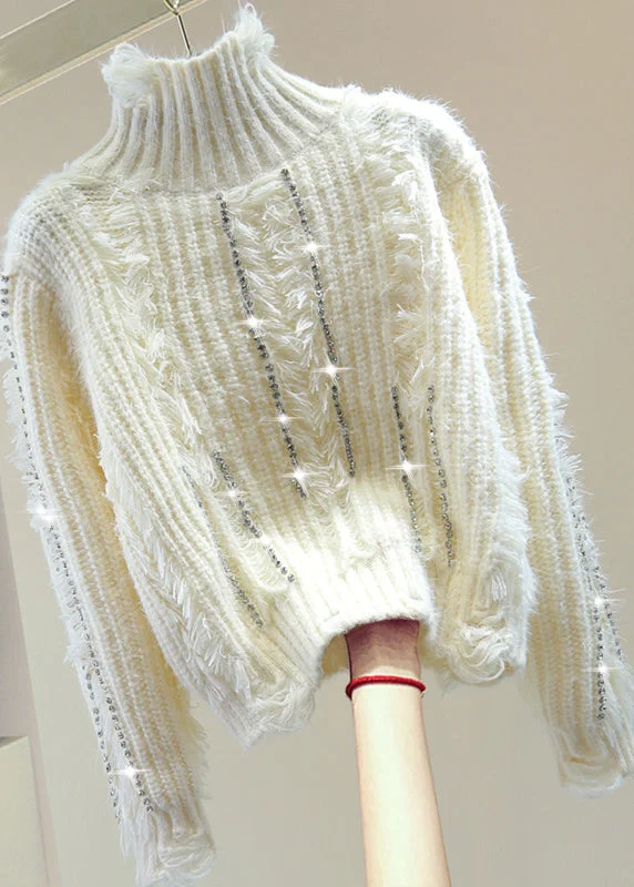 Soft Fashion Italian White Turtleneck Patchwork Zircon Thick Cotton Knit Sweaters