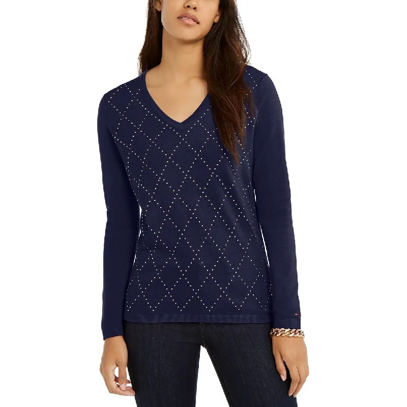 Cool Style Tommy Hilfiger Womens Cotton Studded Argyle V-Neck Sweater