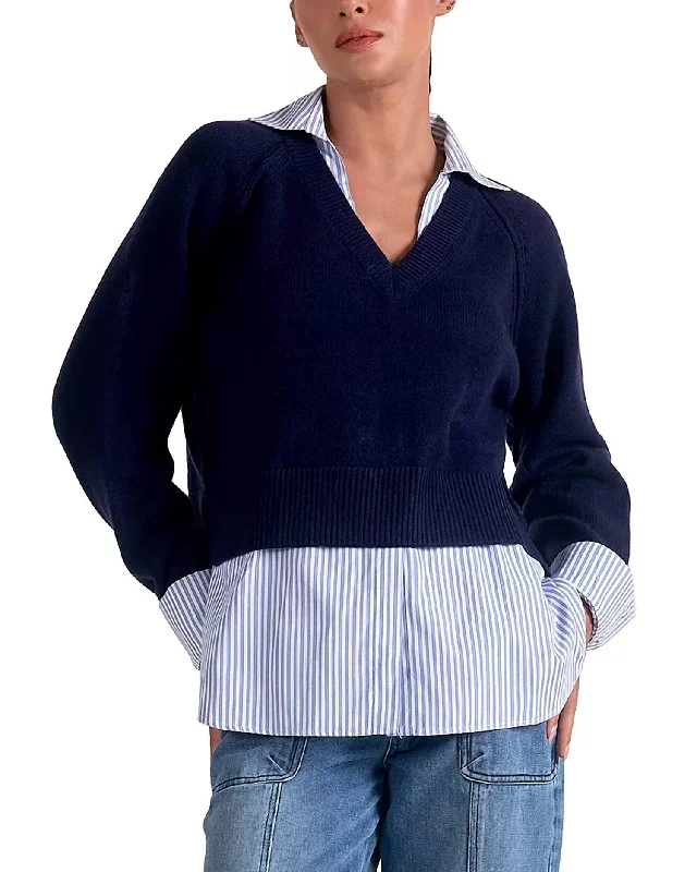 Exquisite Tailoring Stevie Layered Sweater/striped Shirt Combo In Navy