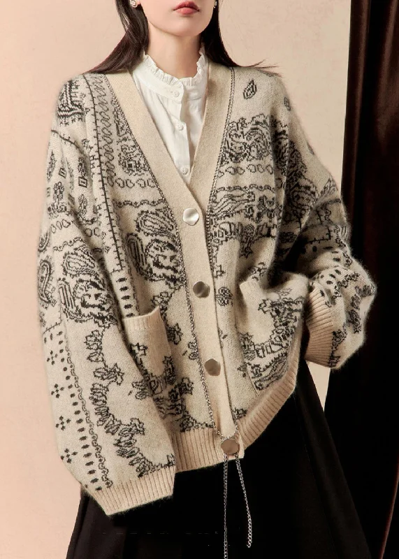 Minimalism Loose Light Khaki Button Pockets Cotton Knit Cardigan Spring