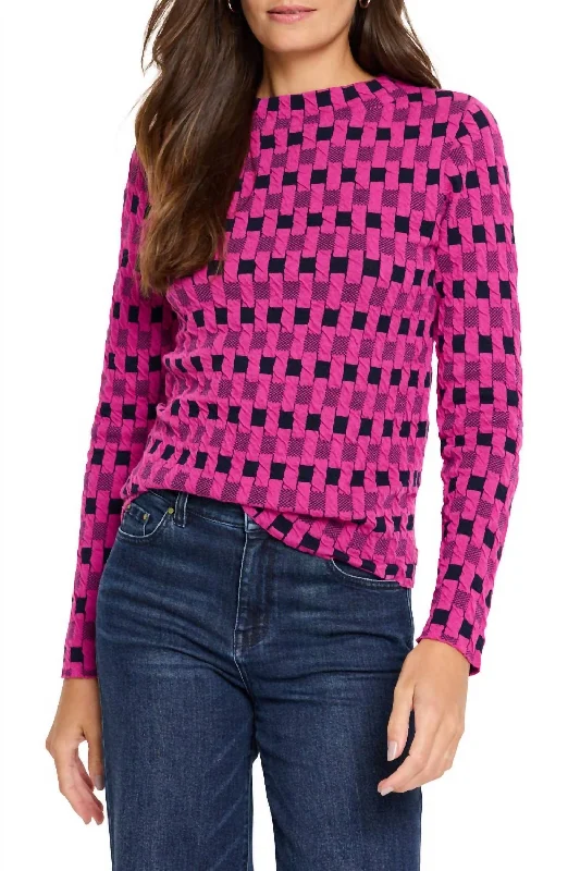 Classic Style Mini Mock Geo Sweater Tee In Pink Multi