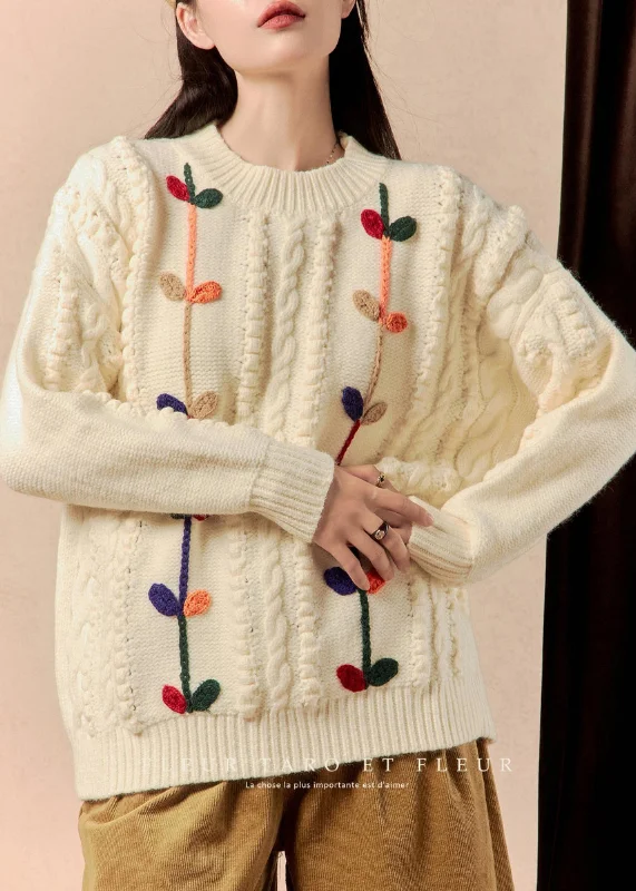 Cute Design Women Beige O Neck Cozy Cable Knit Sweater Winter