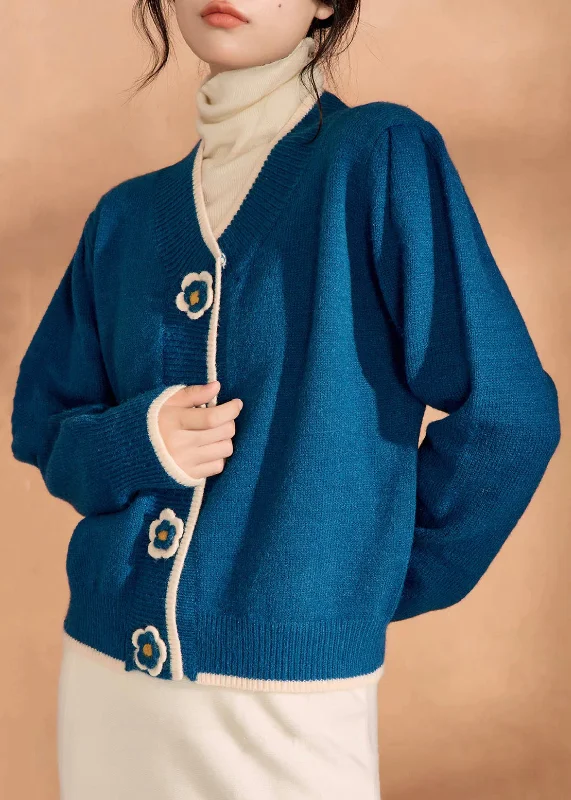 Easy Fashion Women Blue V Neck Floral Knit Short Sweater Winter