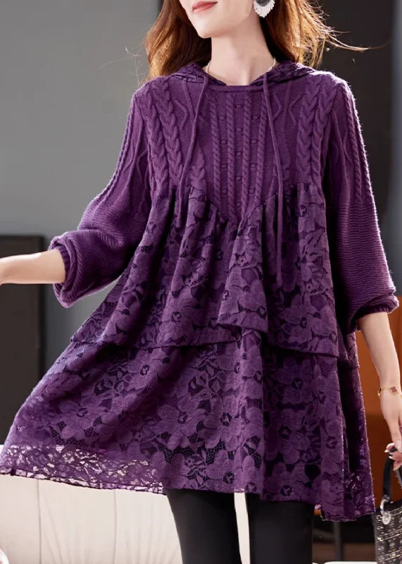 Stylish Jackets Women Purple Hooded Lace Patchwork Knit Dresses Winter