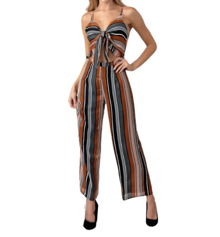 Floral Prints Tie Front Striped Jumpsuit In Brown Multi