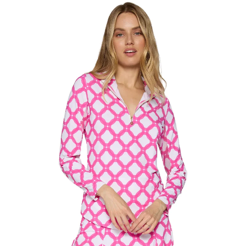 Energy Plan G Lifestyle Long Sleeve Print Zip Mock Neck Top - Circle Geo Hot Pink