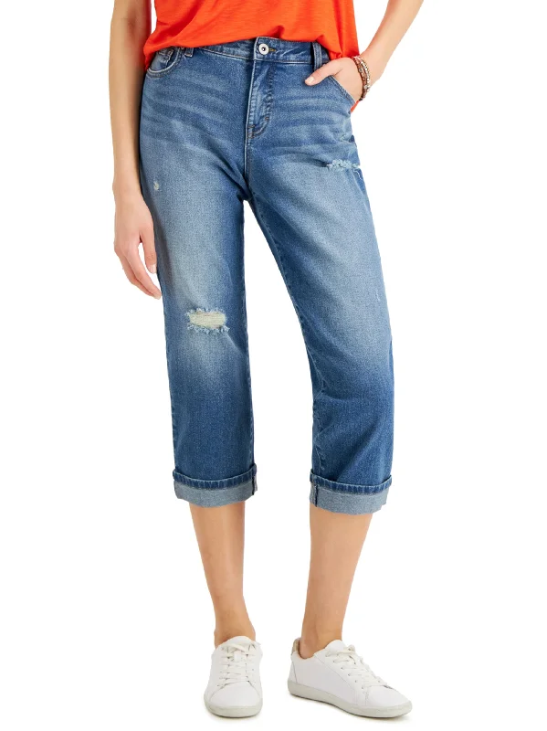 Cozy Essentials Wear Women's Ripped Washed Capri Jeans,Blue