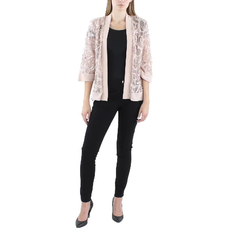 Comfortable Dresses Petites Womens Soutache Open Front Collarless Blazer