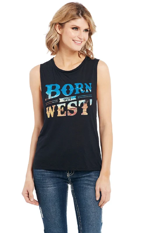 Relaxed Dresses Cowgirl Up Womens Born Out West Muscle Black Polyester S/L T-Shirt